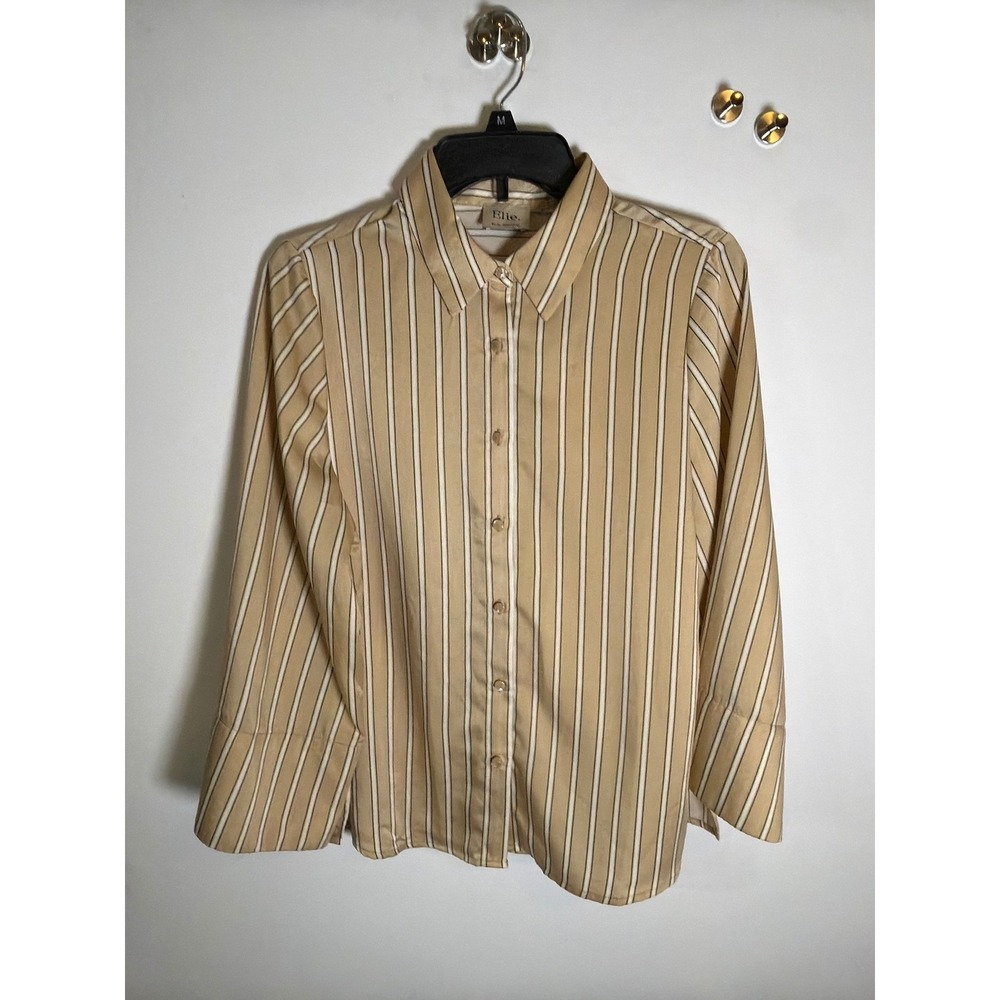 Elie Elie Tahari Striped Button Down Blouse Tan White Black Long Sleeve NWT SP